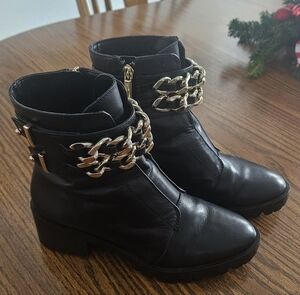 Karl Lagerfield Black Leather Ankle Boots with Gold Chain Detail